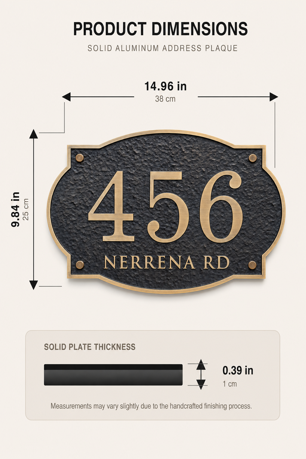 Dimensions of 38 x 25 cm solid aluminum address plaque with 10mm thickness