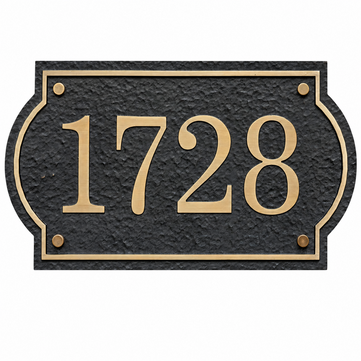 Front view of rustic solid aluminum house number plaque 1728