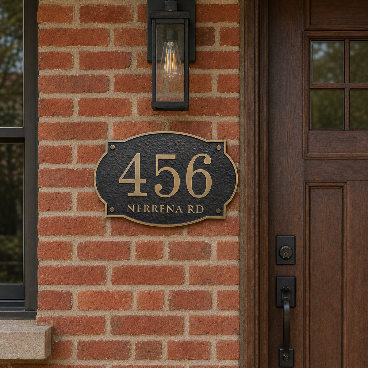 Personalized aluminum address plaque mounted on red brick beside a front door