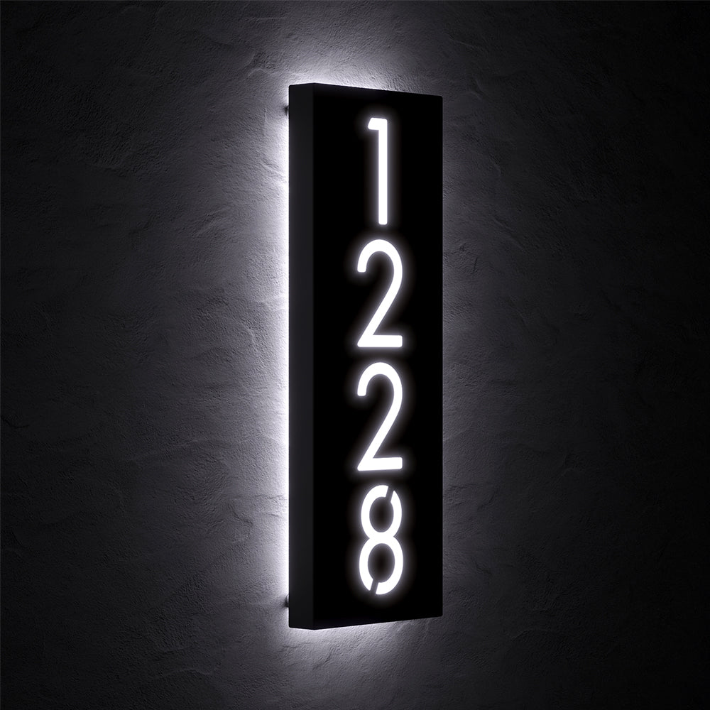 Vertical LED House Number Sign with 11118 shown at an angle in white backlighting