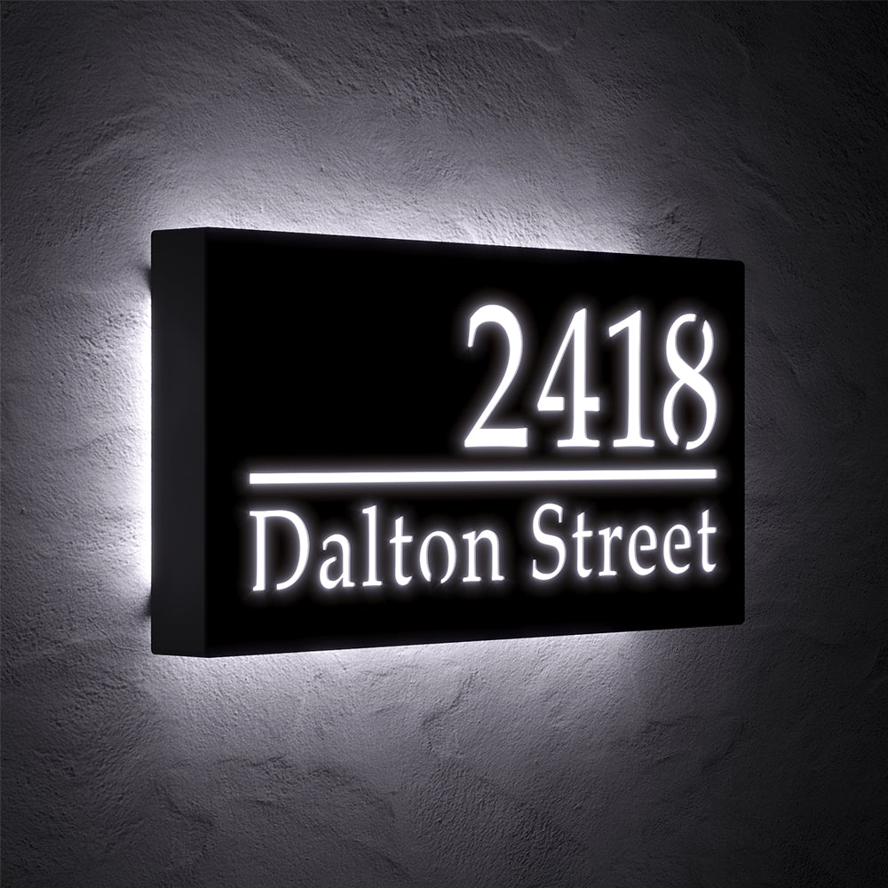 Classic LED Address Sign with Street Name with 2418 Dalton Street shown at an angle in white backlighting