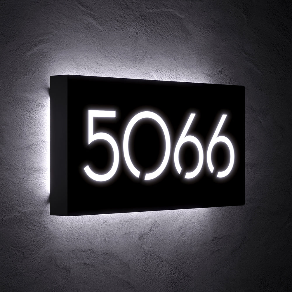 Large Number LED House Sign with 5963 shown at an angle in white backlighting
