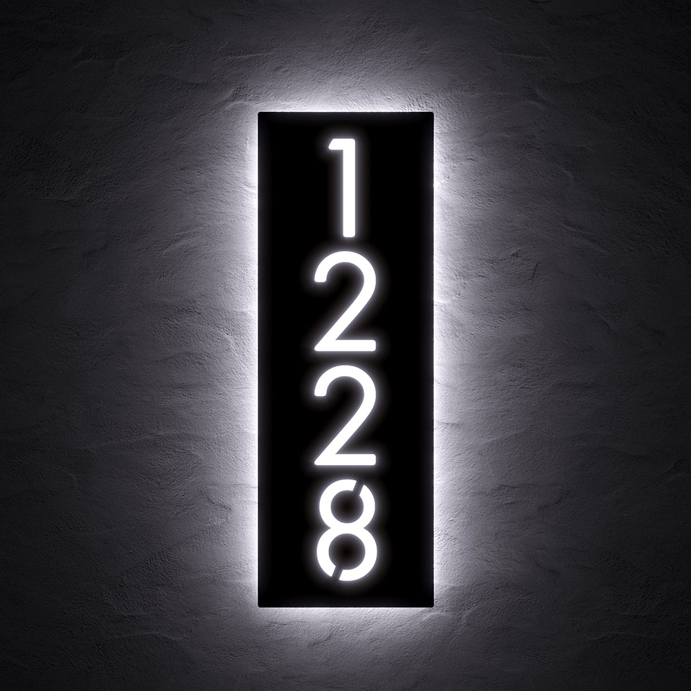 Vertical LED House Number Sign with 11118 in white backlighting