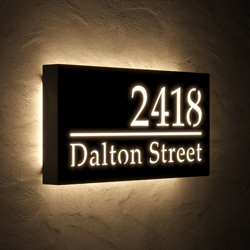 Classic LED Address Sign with Street Name with 2418 Dalton Street shown at an angle in warm white backlighting