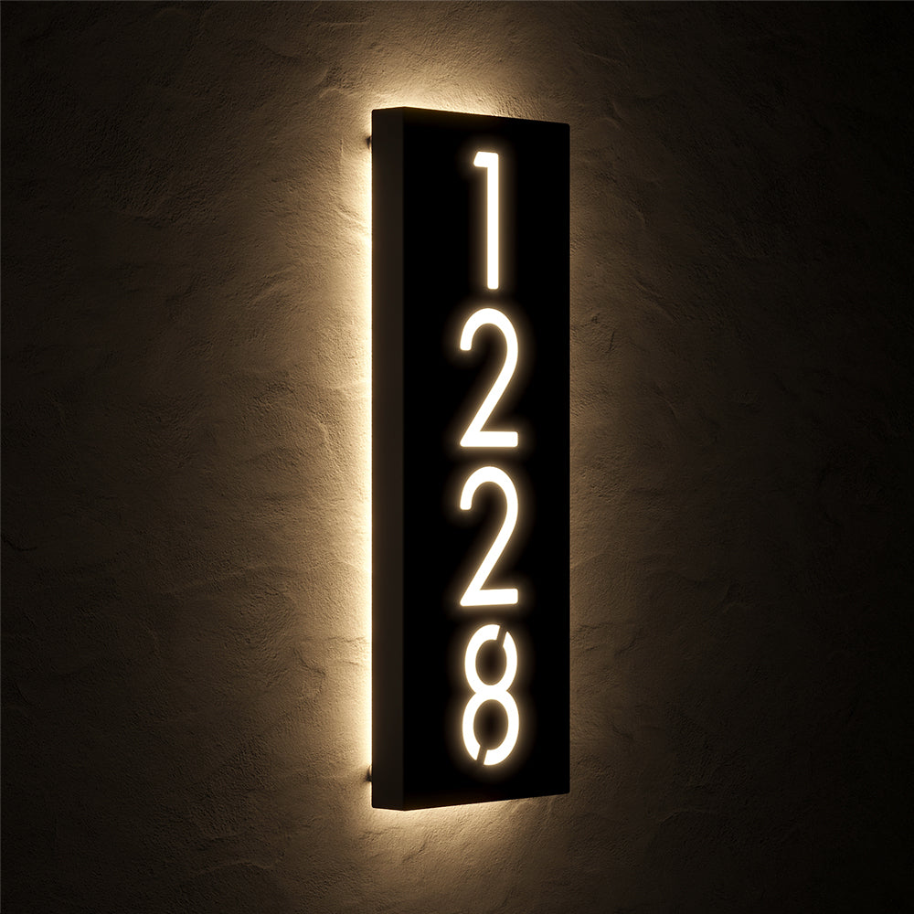 Vertical LED House Number Sign with 11118 shown at an angle in warm white backlighting