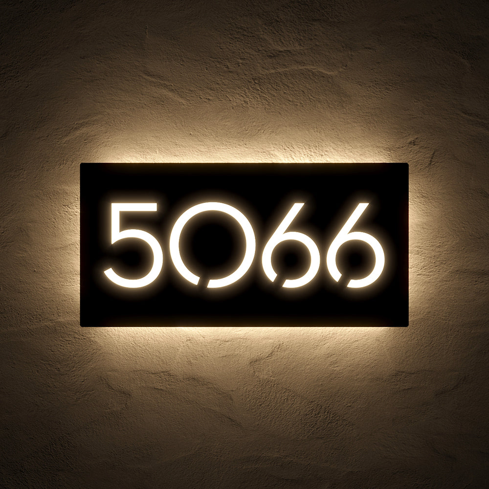 Large Number LED House Sign with 5963 in warm white backlighting