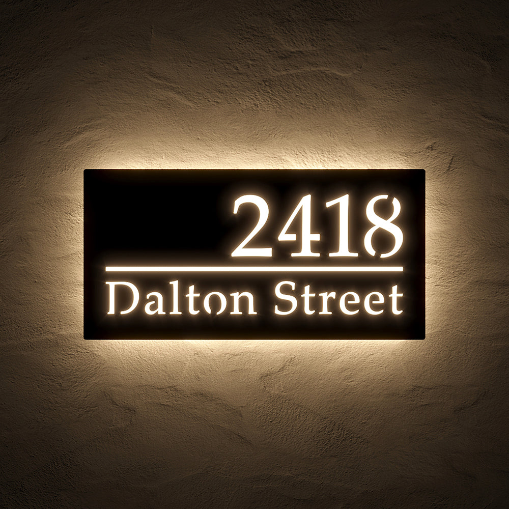 Classic LED Address Sign with Street Name with 2418 Dalton Street in warm white backlighting
