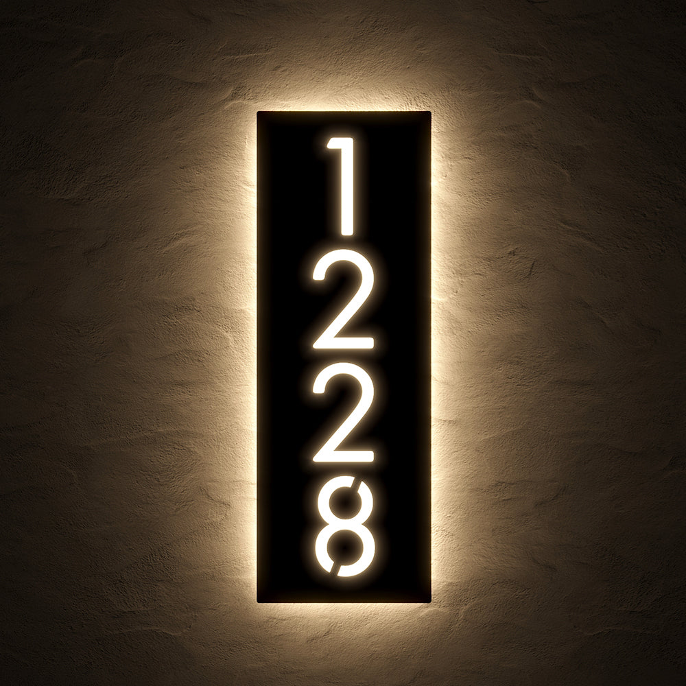 Vertical LED House Number Sign with 11118 in warm white backlighting