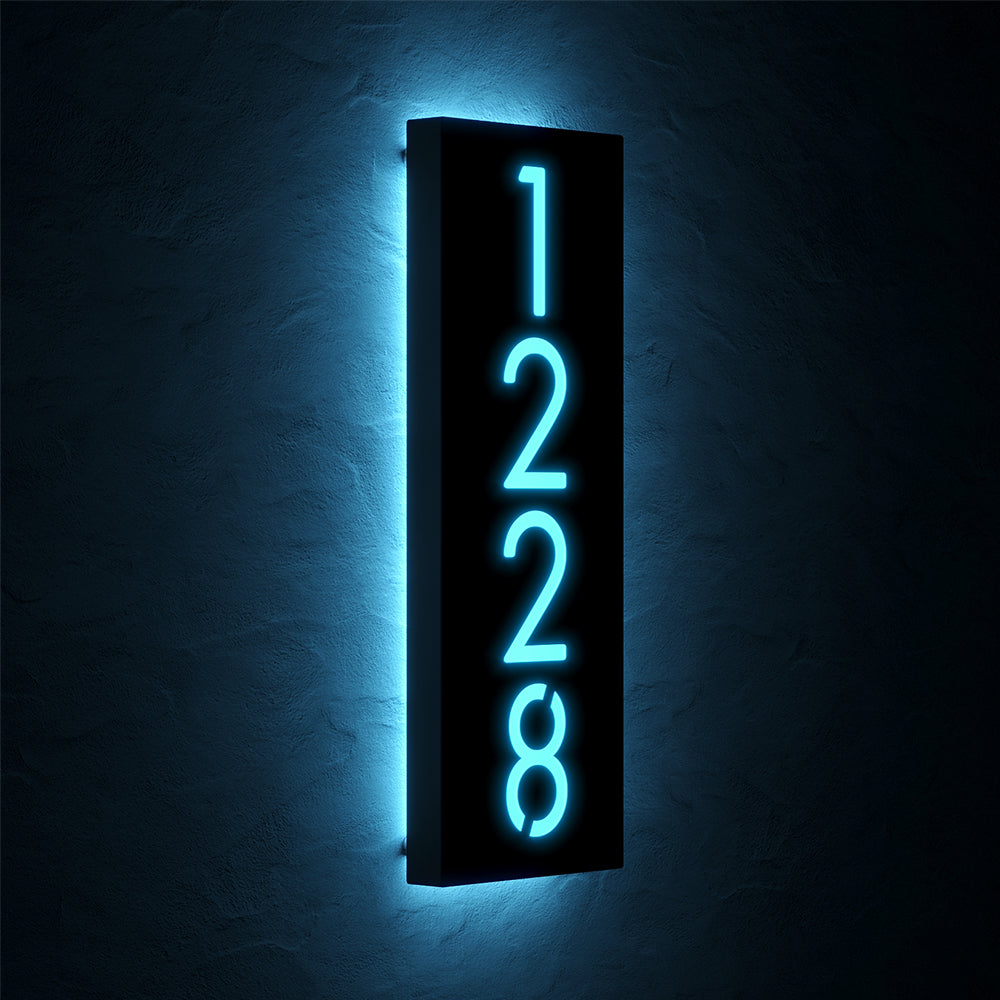 Vertical LED House Number Sign with 11118 shown at an angle in ice blue backlighting