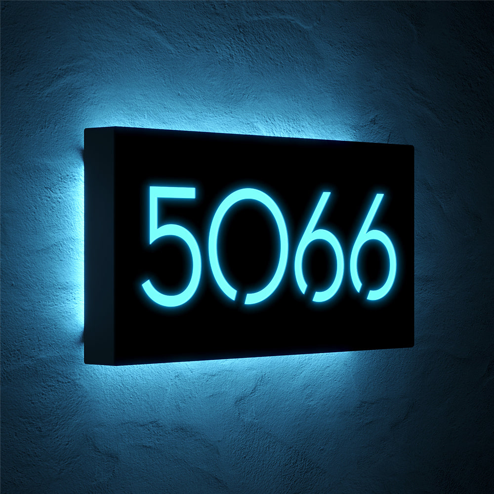 Large Number LED House Sign with 5963 shown at an angle in ice blue backlighting