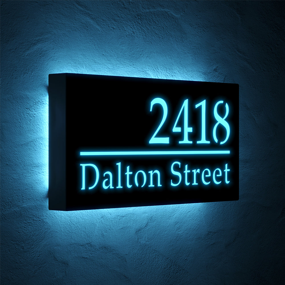 Classic LED Address Sign with Street Name with 2418 Dalton Street shown at an angle in ice blue backlighting