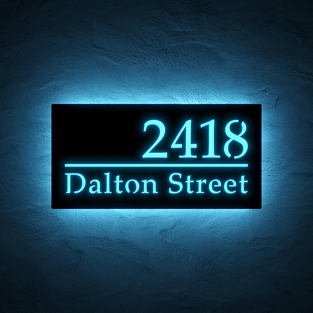 Classic LED Address Sign with Street Name with 2418 Dalton Street in ice blue backlighting