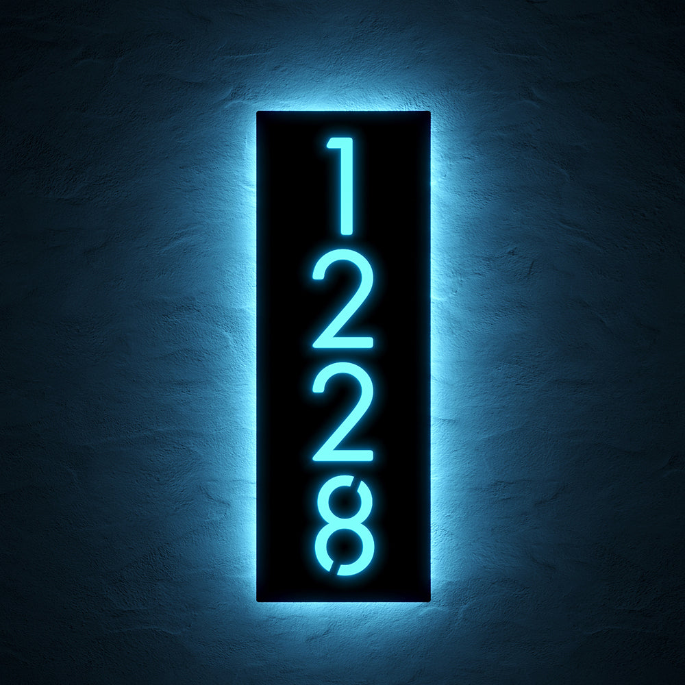 Vertical LED House Number Sign with 11118 in ice blue backlighting