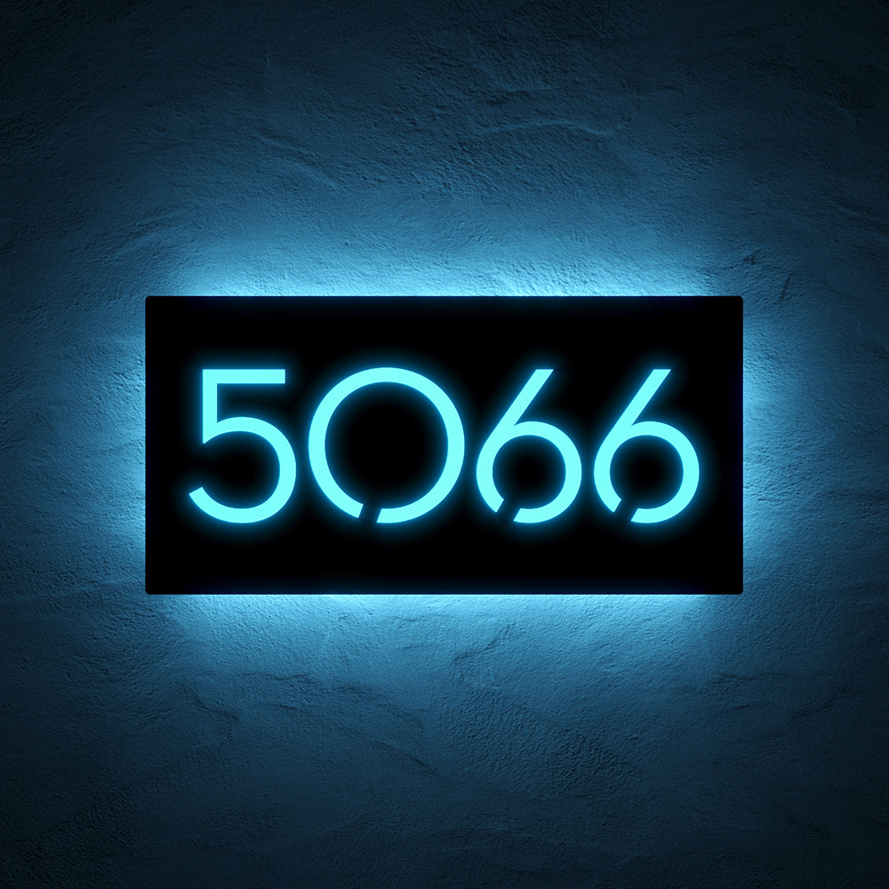 Large Number LED House Sign with 5963 in ice blue backlighting