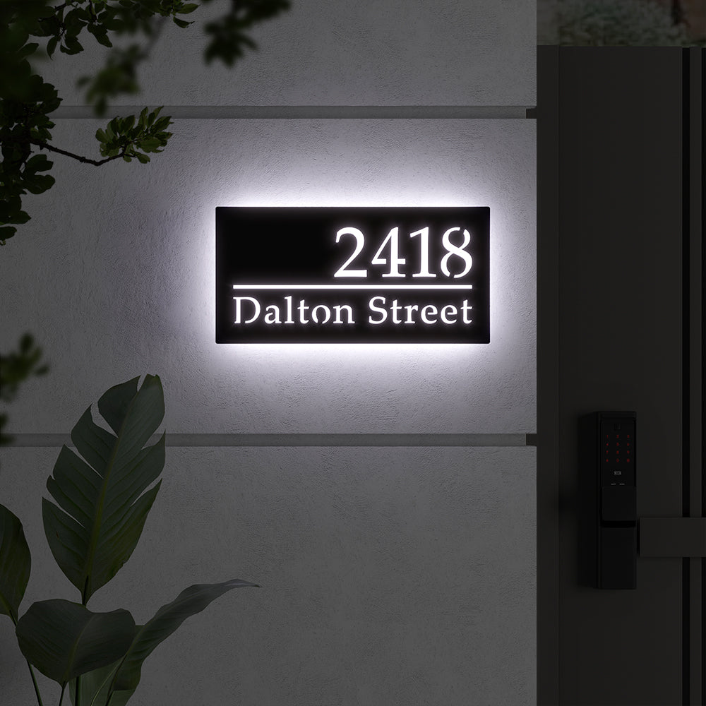 Classic LED address sign with 2418 Dalton Street in white backlighting