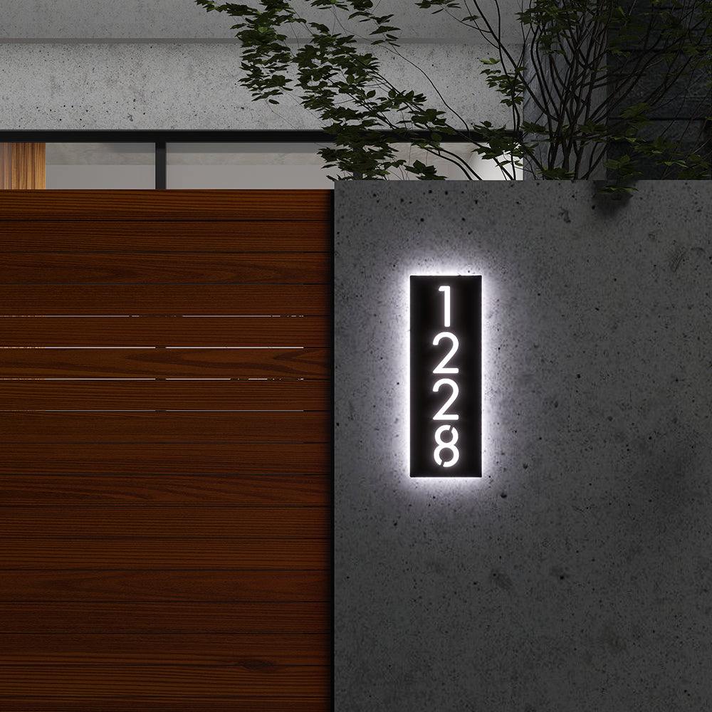 Vertical LED House Number Sign with 11118 illuminated in white backlighting