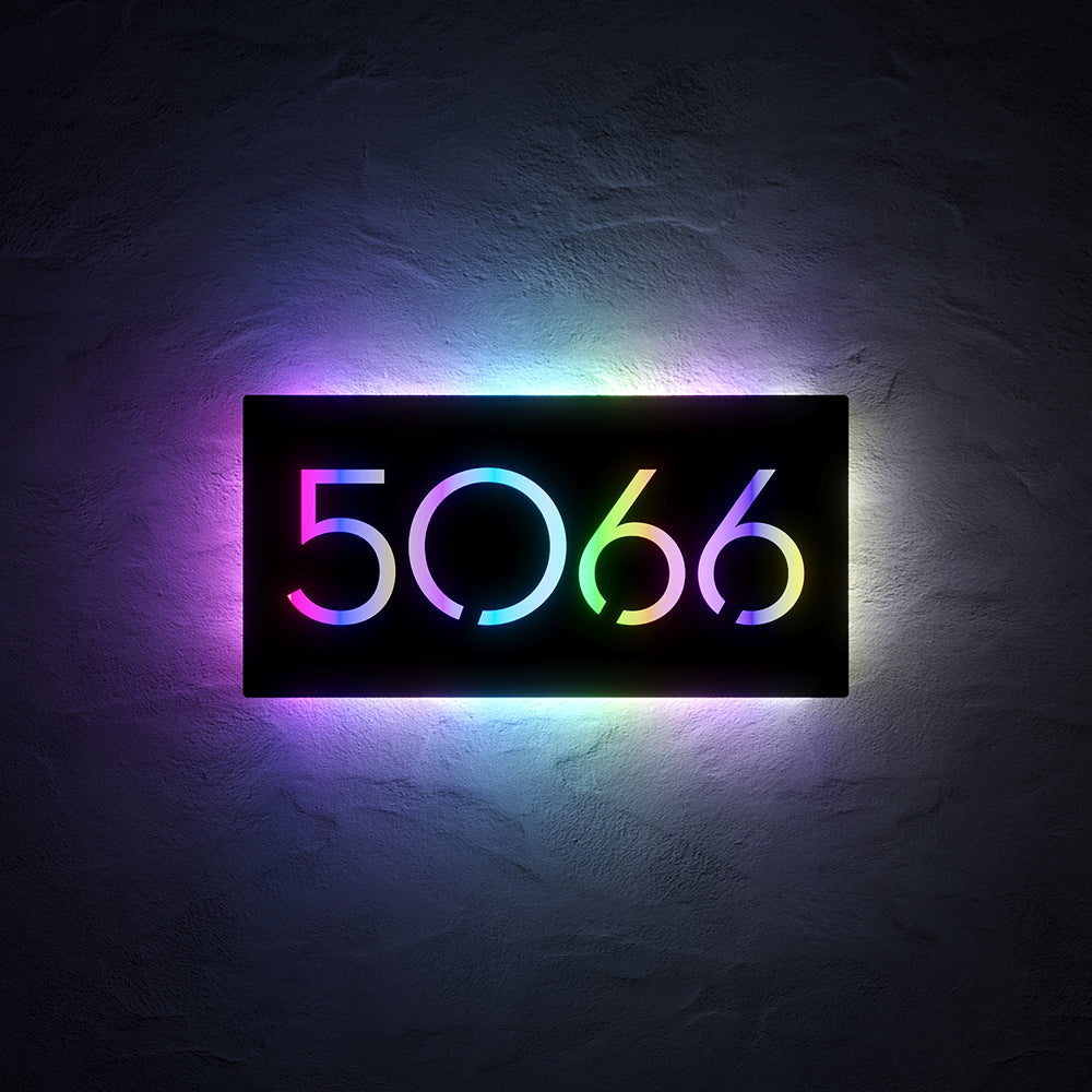 Large Number RGB LED House Sign with 5066 illuminated in multicolor RGB light