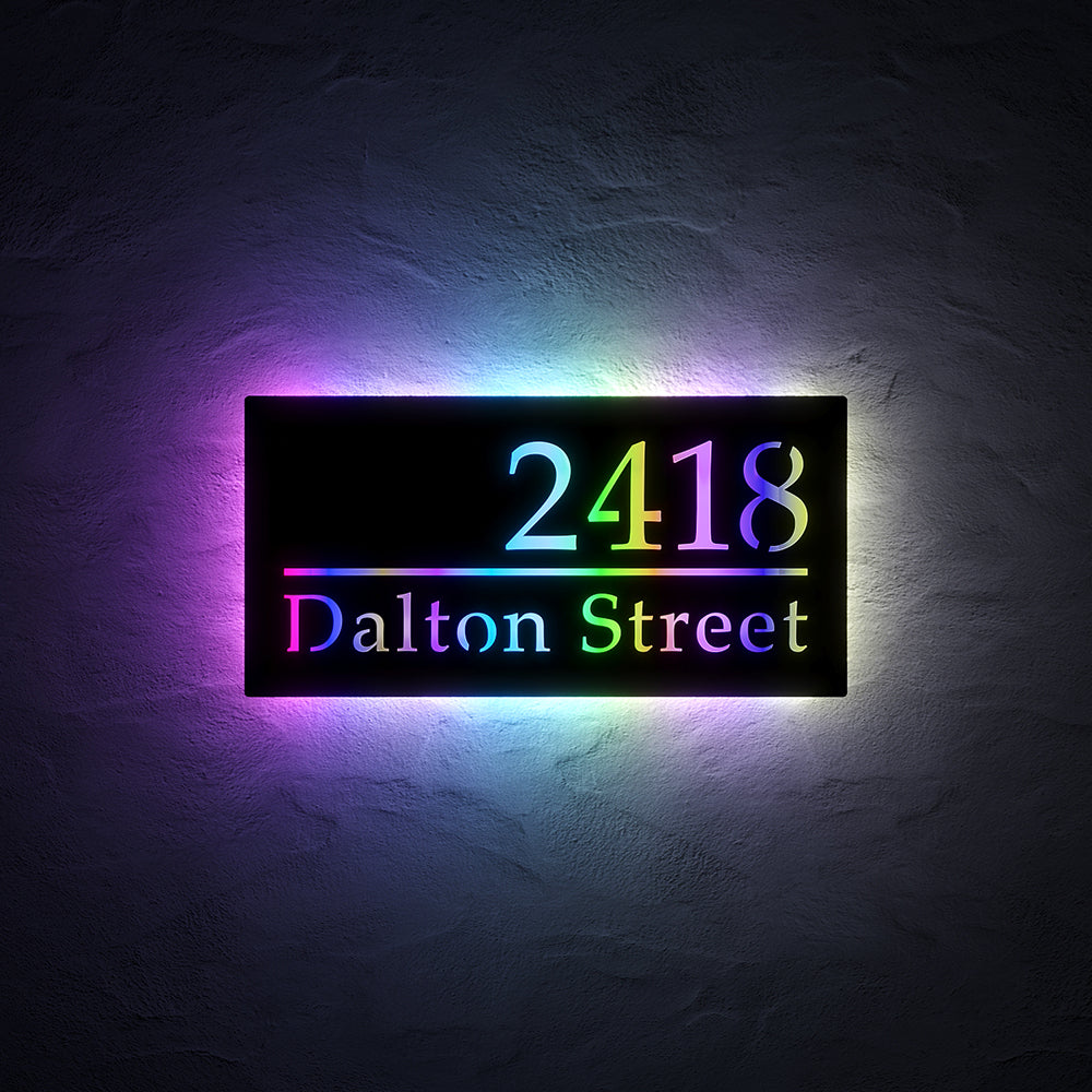 Classic RGB LED Address Sign with Street Name with 2418 Dalton Street illuminated in multicolor RGB light