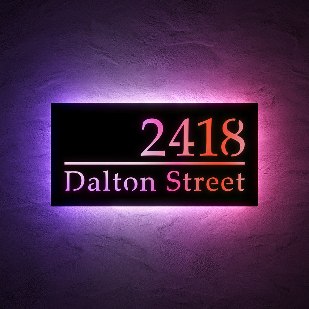 Classic RGB LED Address Sign with Street Name with 2418 Dalton Street illuminated in red and purple RGB light