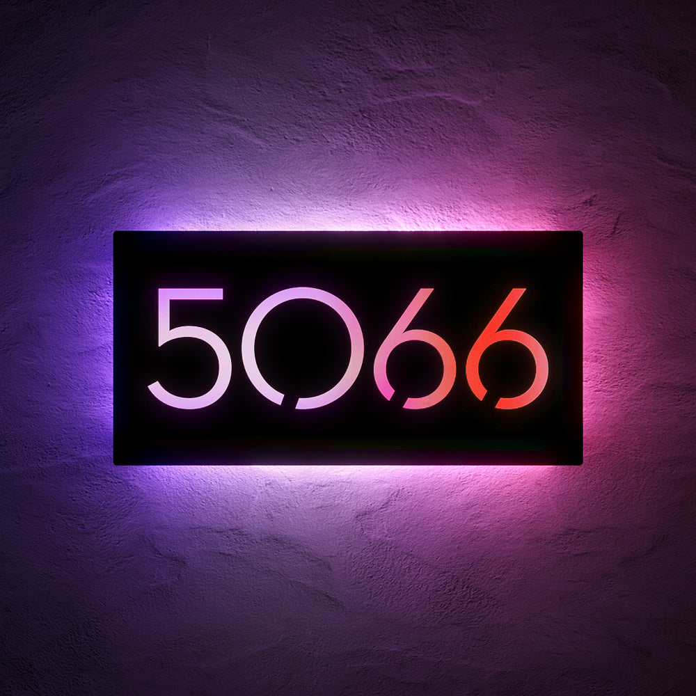 Large Number RGB LED House Sign with 5066 illuminated in red and purple RGB light