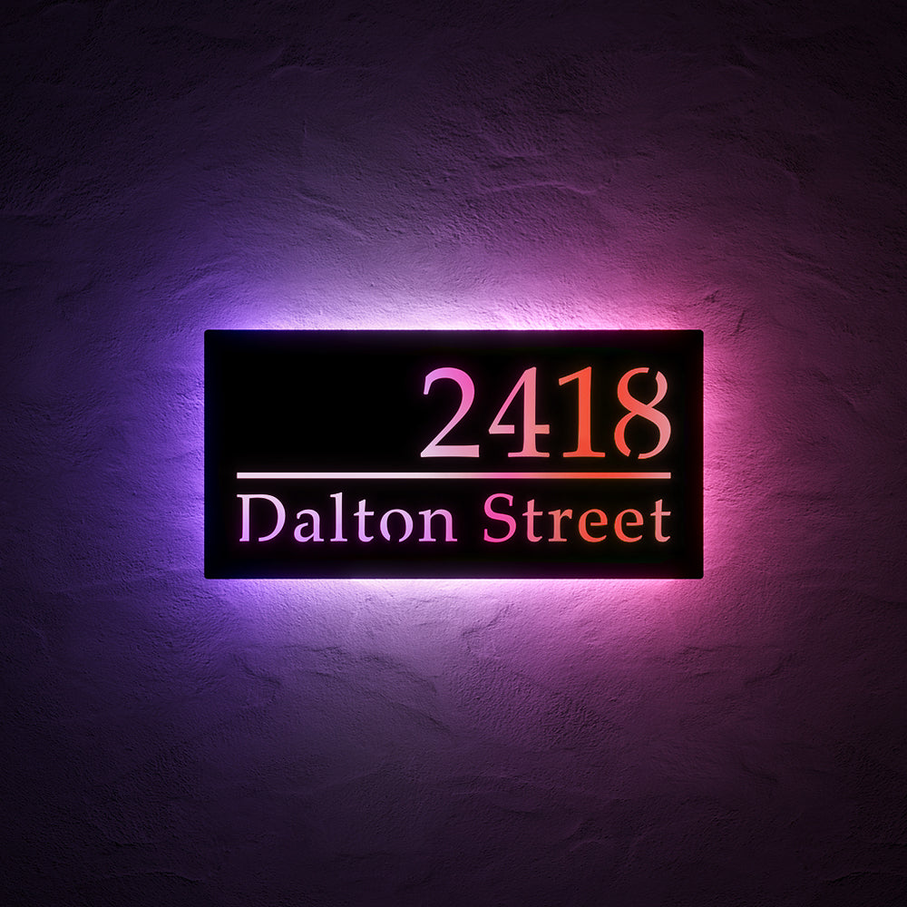 Classic RGB LED Address Sign with Street Name with 2418 Dalton Street illuminated in red and purple RGB light