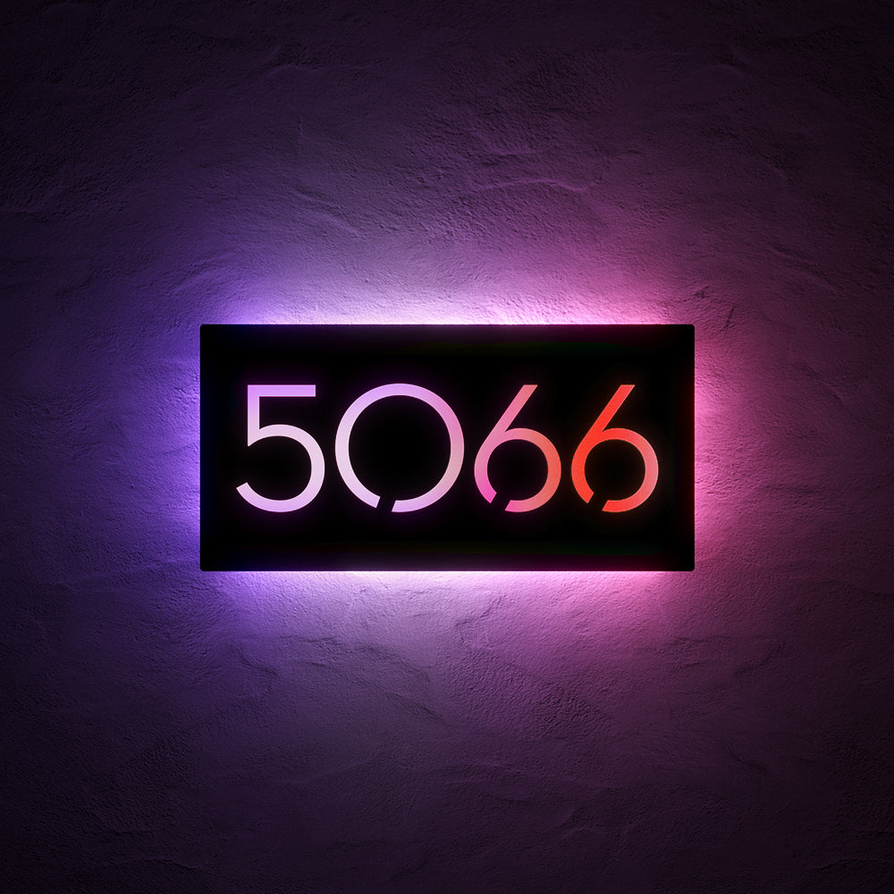 Large Number RGB LED House Sign with 5066 illuminated in red and purple RGB light