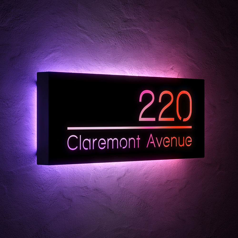 Line design RGB LED address sign with 220 Claremont Avenue