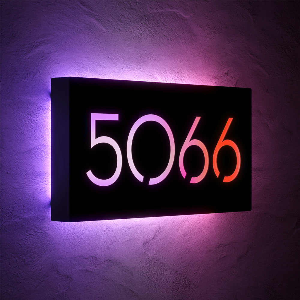 Large Number RGB LED House Sign with 5066 displayed at an angle in multicolor RGB lighting