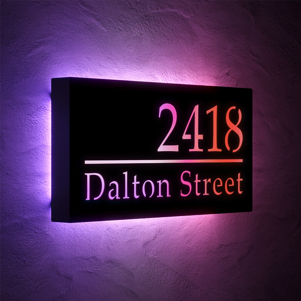 Classic RGB LED Address Sign with Street Name with 2418 Dalton Street displayed at an angle in multicolor RGB lighting