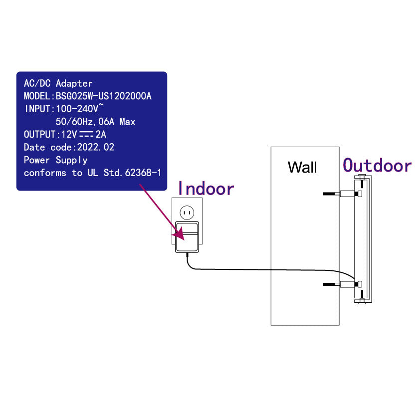 12V power adapter installation diagram for an outdoor LED address sign