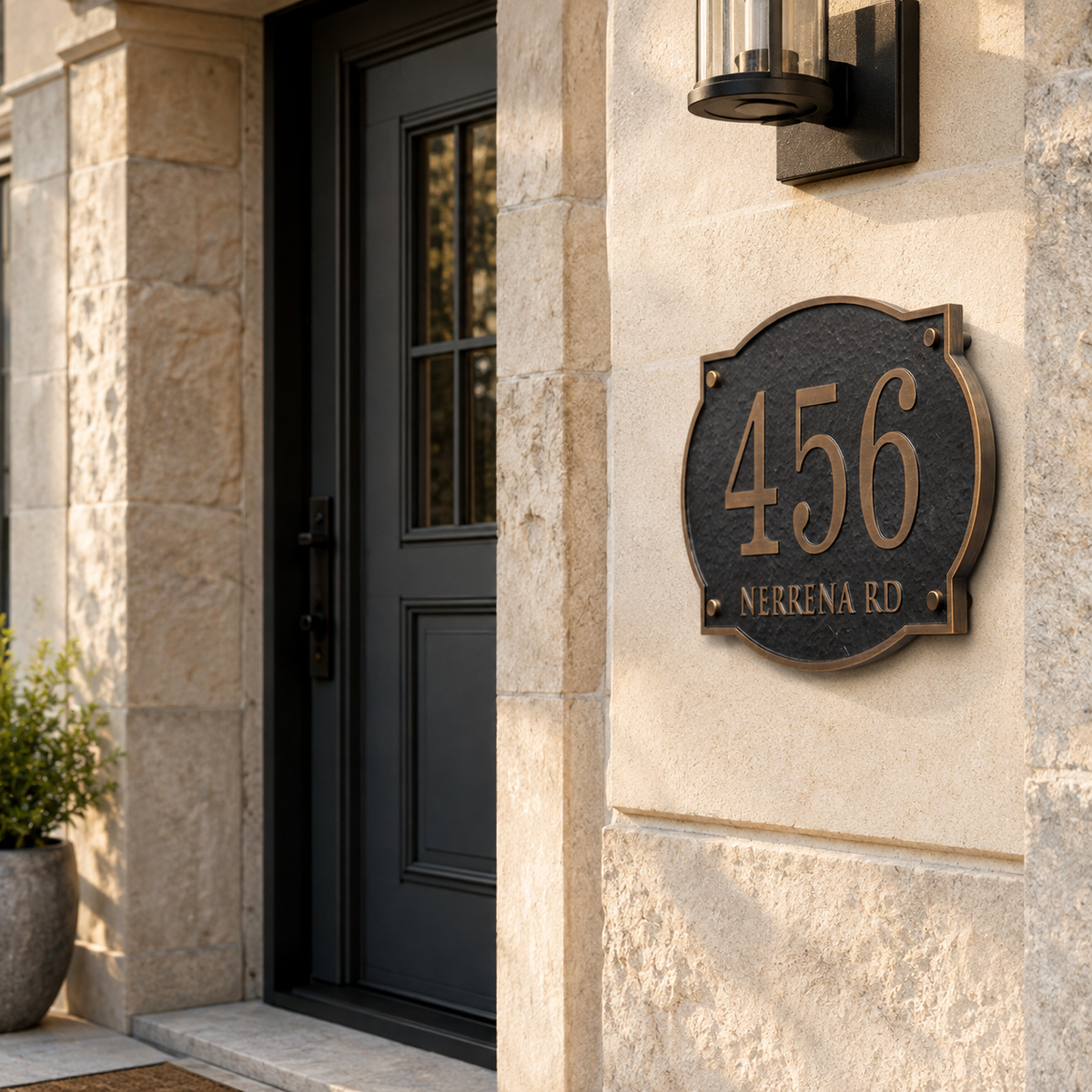 Rustic solid aluminum address plaque mounted at a stone home entrance