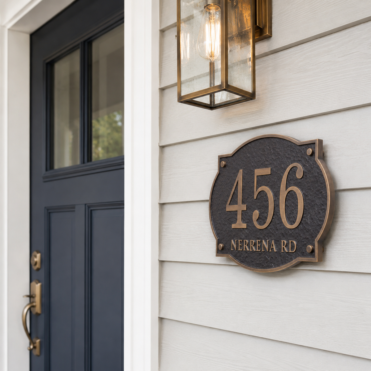 Custom house number and street name plaque installed on white siding