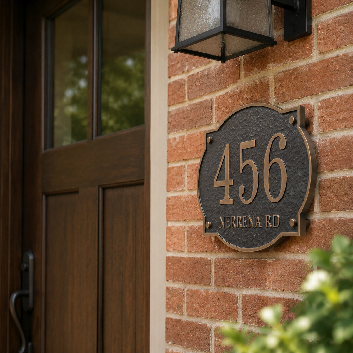 Personalized house number plaque with street name mounted on a brick wall