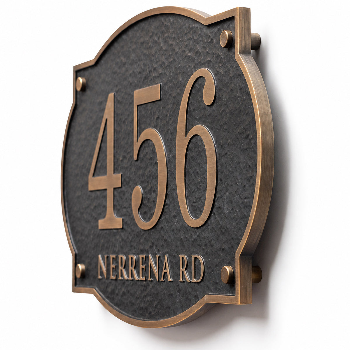Angled product view of custom aluminum house number and street name plaque