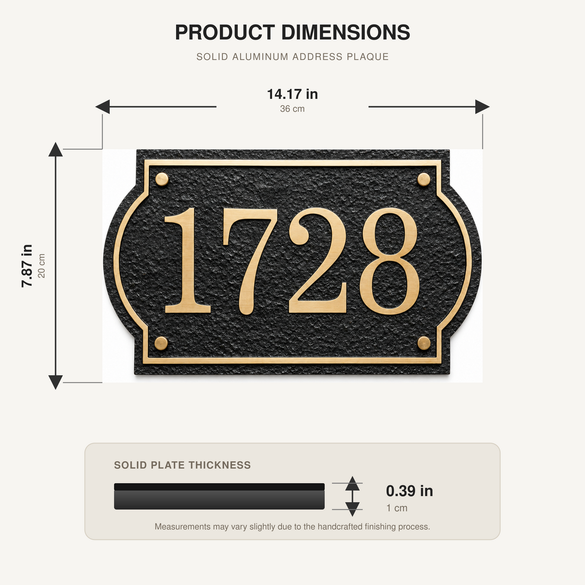 Dimensions of 36 x 20 cm solid aluminum house number plaque with 10mm thickness