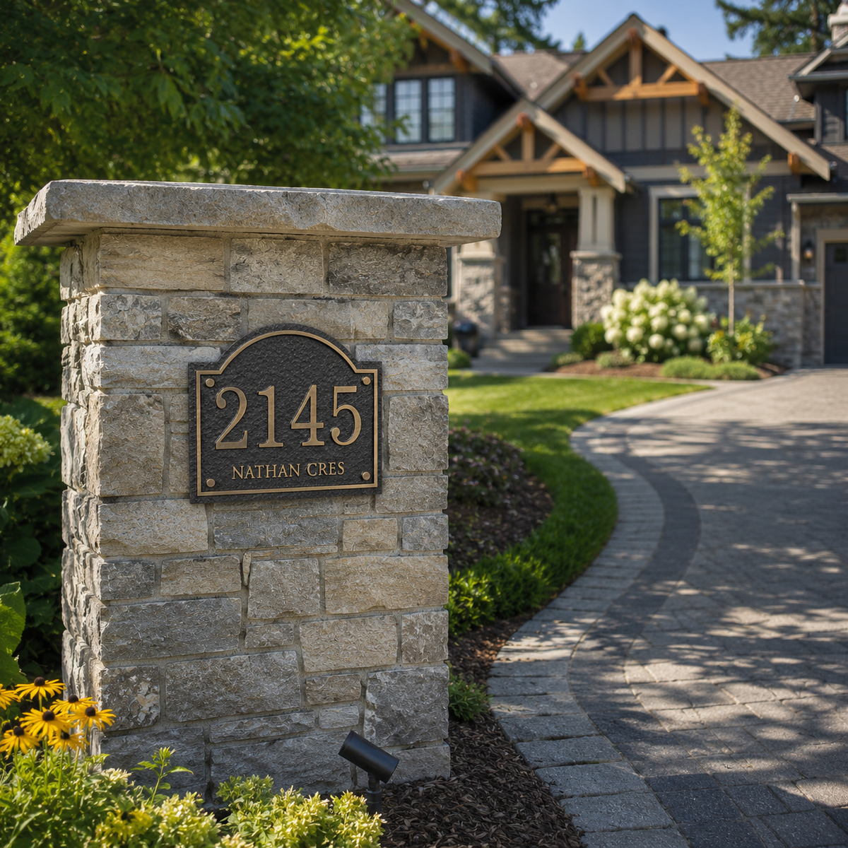 Arch aluminum address plaque mounted on a stone driveway pillar