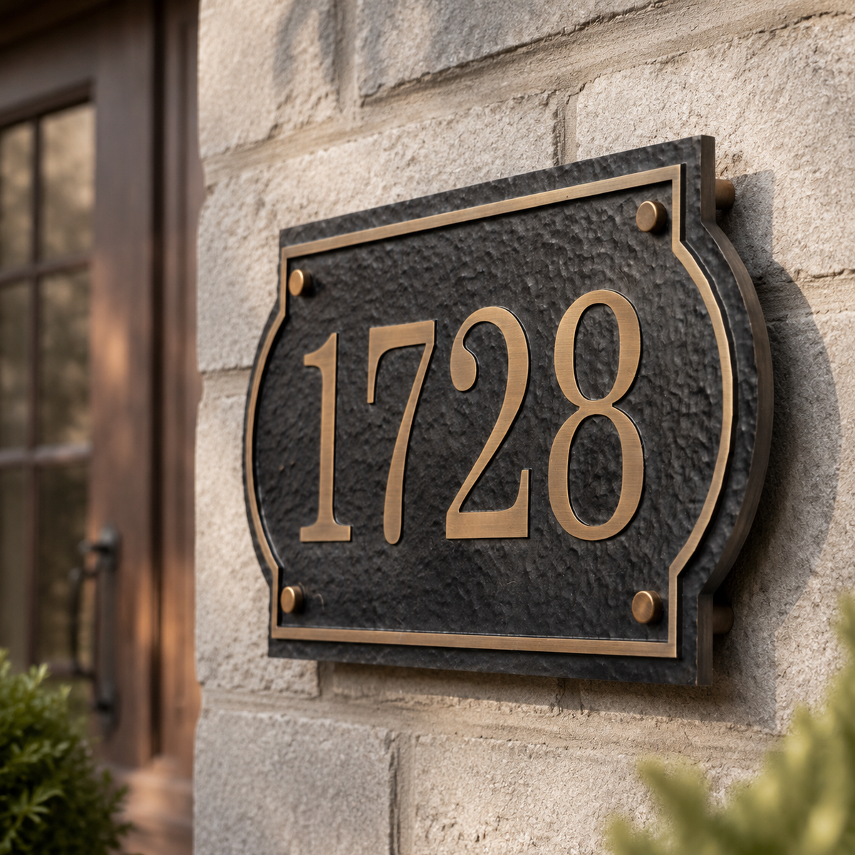 Rustic solid aluminum house number sign mounted on a stone wall beside an entry door