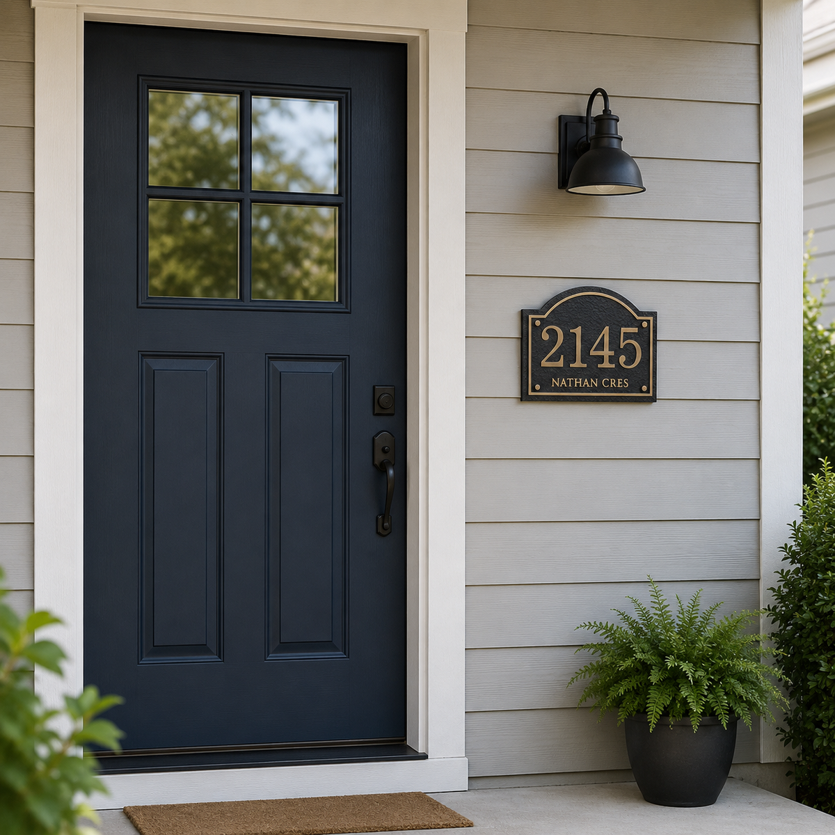 Custom arch house number and street sign installed beside a front door